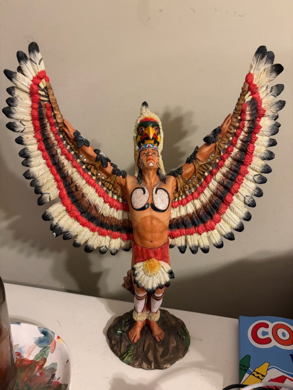 Decorative Feathered Warrior Statue - Red, White, Black, Tan